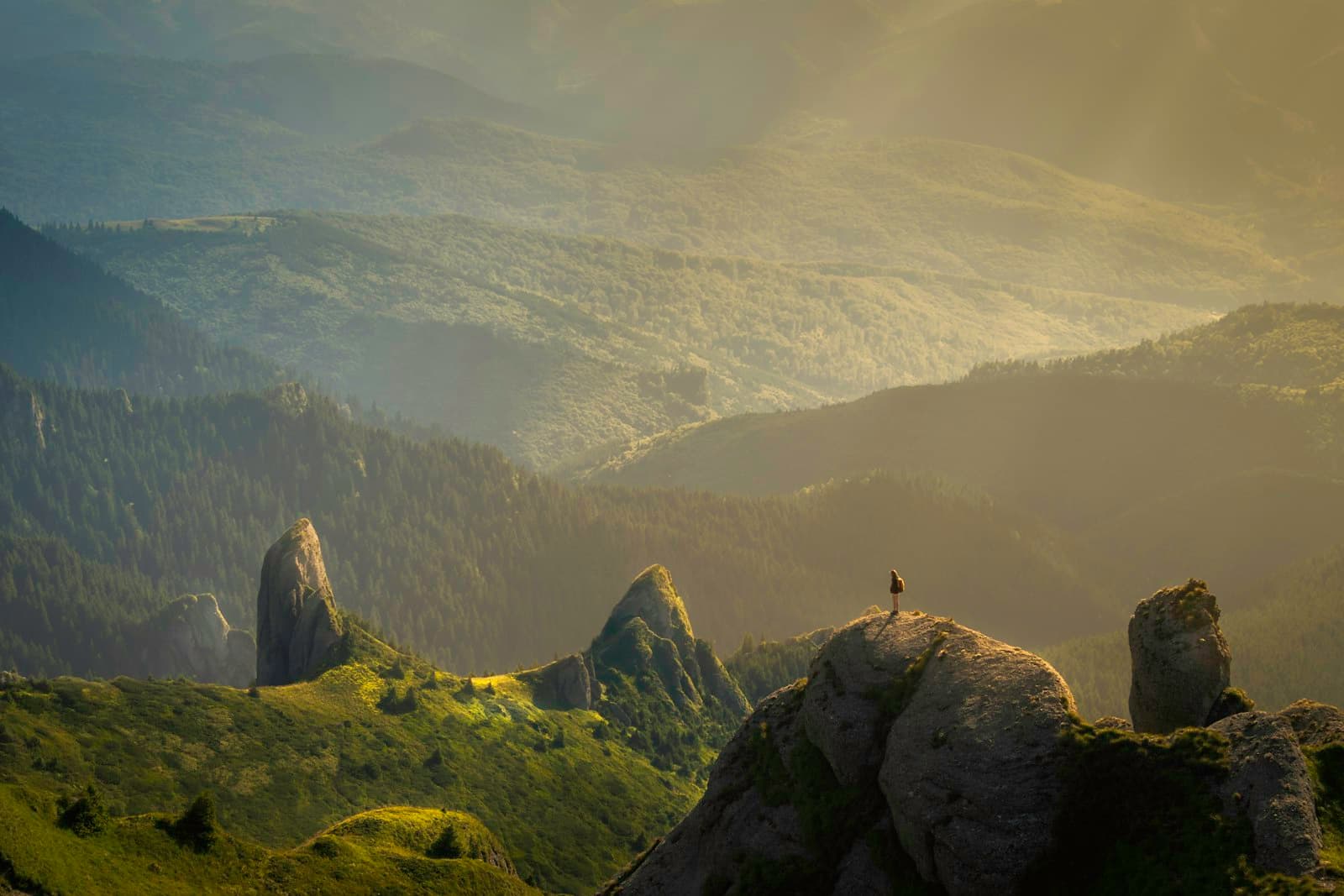 Sunlit hillside and green mountain landscape